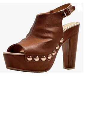 FSJ Brown Studded Platform Heels Slingback Wooden Block Heel Ankle Strap Sandals